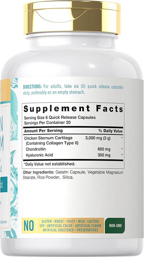 Carlyle Chicken Sternum Cartilage Collagen Capsules | Type II 3000mg | 120 Pills | Plus Hyaluronic Acid | Non-GMO Gluten Free