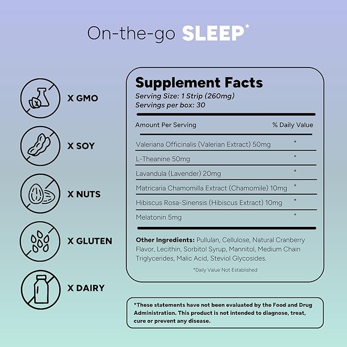 Dissolvable Sleep Strips – Fast-Acting Melatonin 5mg with L-Theanine Lavender Chamomile Hibiscus &amp Valerian – Natural Cranberry Flavor – 30 Strips