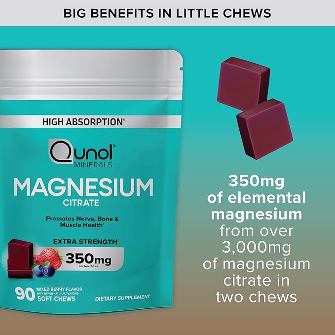 Qunol Magnesium Citrate Soft Chews 350mg Extra Strength Magnesium Supplement High Absorption to Support Nerve Bone and Muscle Health 90 Count (Pack of 2)