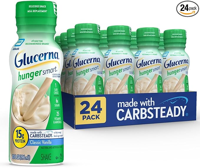 Glucerna Hunger Smart Diabetes Care Shake Classic Vanilla Diabetic Meal Replacement to Support Blood Sugar Management 15g Protein 180 Calories Ready to Drink 10 Fl Oz 24 Pack
