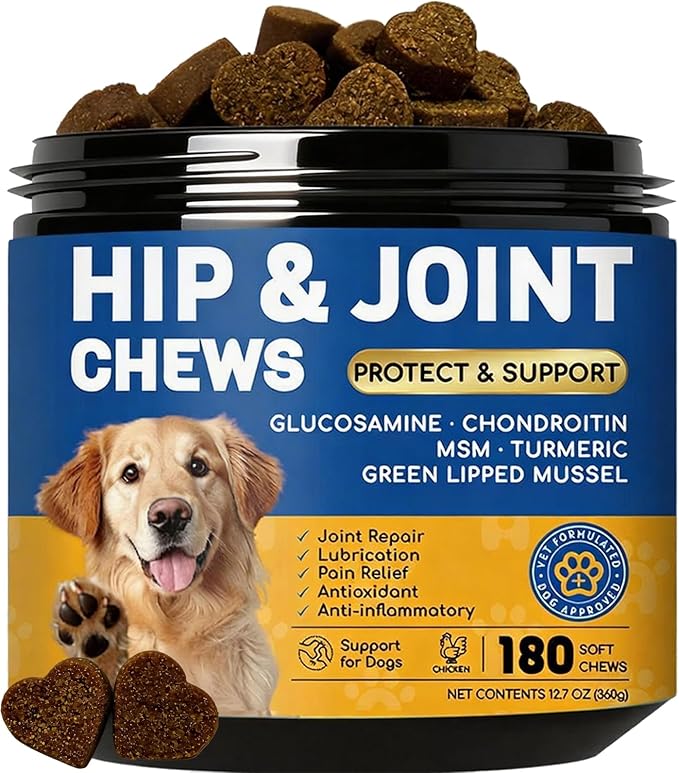 Dog Hip and Joint Supplement with Glucosamine &amp Chondroitin - Supports Mobility &amp Pain Relief for Senior &amp Large Dogs - 180 Soft Chews
