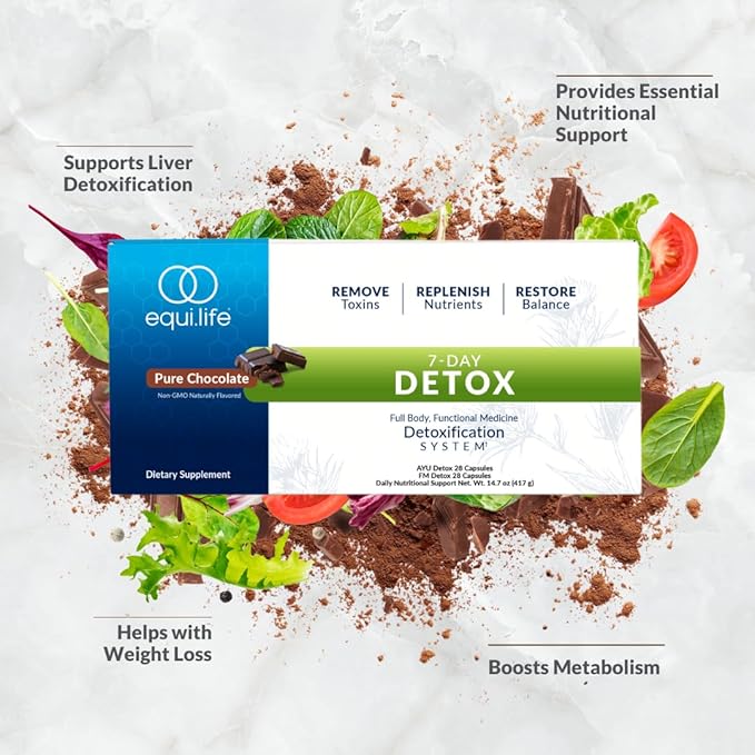Equilife Dr. Cabral Detox 7 Day Program with Plant Based Protein Vitamins Amino Acids &amp Minerals to Support Full Body Balance Meal Replacement Powder Vegan Gluten Free Chocolate 14 Servin