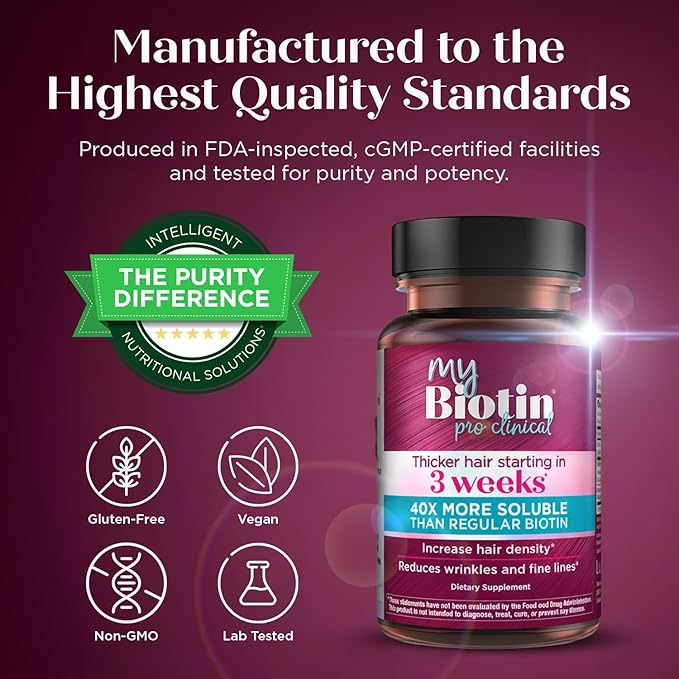 Purity Products MyBiotin ProClinical – Thicker Hair Starting in 3 Weeks &amp Fights Wrinkles - MB40X Patented Biotin Vitamin B7 Matrix w/Astaxanthin - 40X More Soluble vs Ordinary Biotin 30 Veg Caps