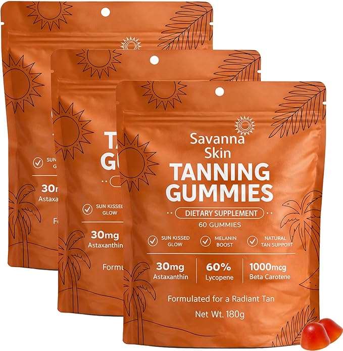 Savanna Skin Tanning Gummies with Vitamin C &amp E Astaxanthin Beta Carotene Skin Radiance &amp Hydration for Natural Looking Glow Bronzing Non-GMO Vegan &amp Sugar Free - 60 Count (3)
