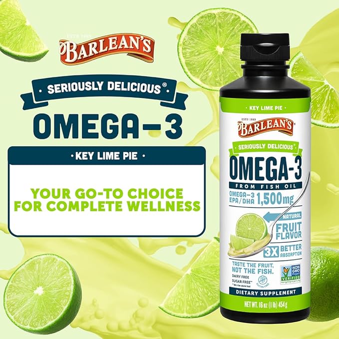 Barlean's Omega 3 Fish Oil Liquid Supplement for Men and Women 1500mg of EPA and DHA Fatty Acid Promotes Brain &amp Heart Health - Non-GMO Key Lime Pie 16 oz