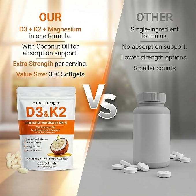 ELVERA Vitamin D3 K2 Magnesium Complex Extra Strength D3 &amp K2 with Triple Magnesium Softgels D3 K2 Vitamin 10000 IU Softgels(1)