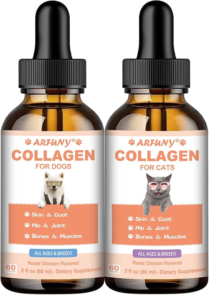 Collagen for Cats &amp Dogs - Liquid Grass Fed Collagen for Cat &amp Dogs - Hip &amp Joint Skin &amp Coat Digestive Function - with MSM Hyaluronic Acid Biotin - Roast Chicken Flavor