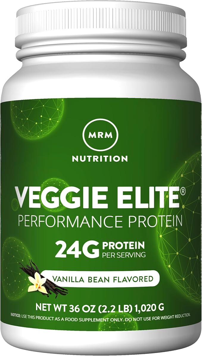 MRM Veggie Elite Performance Protein - Vanilla Bean Plant-Based Powder 24g Protein per Serving with BCAAs &amp Digestive Enzymes Clinically Tested - Vegan Gluten-Free - 30 Servings