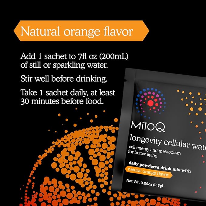 MitoQ Longevity Cellular Water Daily Powdered Drink Mix Natural Orange Flavor - Mitochondria-targeted Antioxidant - Cell Energy and Metabolism for Better Aging (Orange 30 Packets)