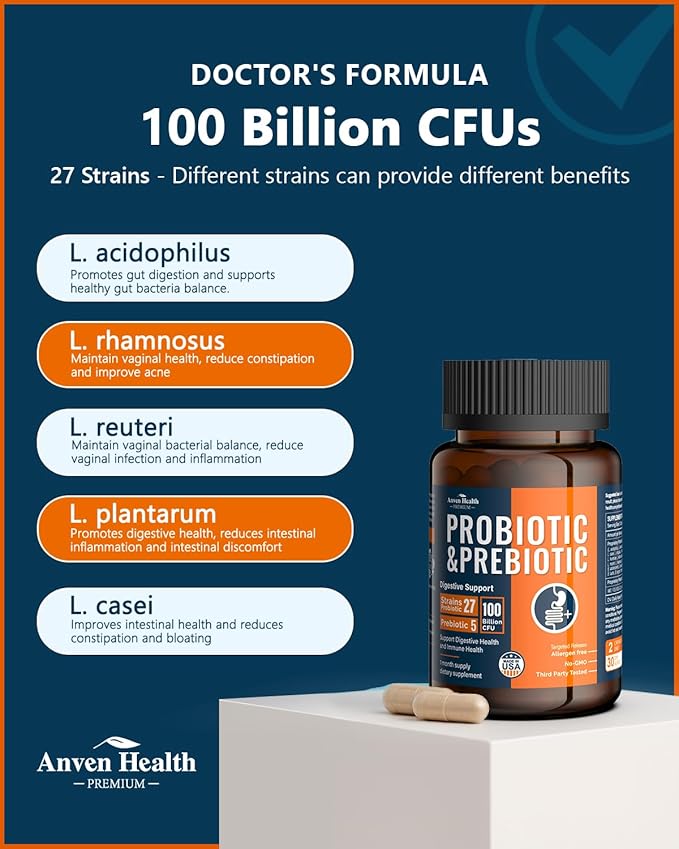100 Billion Probiotics for Men and Women 27 Strains 5 Organic Prebiotics for Gut Digestive &amp Immune Health Supports Diarrhea Gas Bloating Non-GMO Zero Fillers – Made in USA丨180 Caps