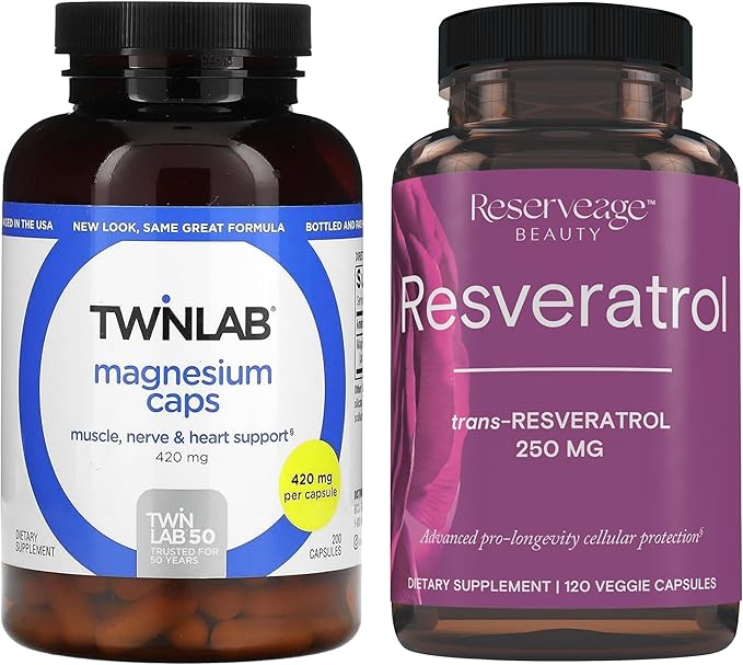 Twinlab Magnesium Caps - for Stress Relief 420 mg 200 Count 1 Pack &amp Reserveage Beauty Resveratrol 250 mg Paleo Keto 120 Capsules
