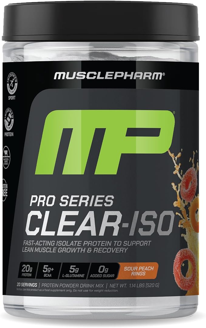 MusclePharm Pro Series Clear-ISO Clear Protein Powder 20g Fast-Acting Whey Isolate per Serving Plus BCAAs &amp L Glutamine | Pro-Grade Muscle Recovery &amp Growth | Sour Peach Rings 1.14 lb 20 S