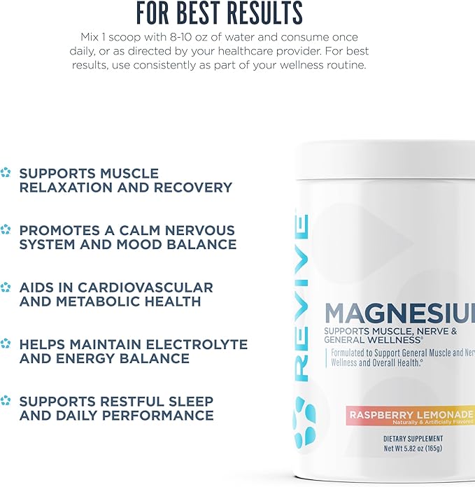 Revive MD Magnesium Powder Supplement - Magnesium Carbonate &amp Taurate Powder Drink Supports Healthy Bones Muscles &amp Nerves - Vegan-Friendly Gluten-Free &amp Soy-Free (Raspberry Lemonade 3