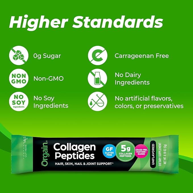 Orgain Hydrolyzed Collagen Peptides Travel Packets For Women &amp Men - 5g Grass Fed Collagen Per Serving Hair Skin Nail &amp Joint Support Supplement Non-GMO Type I &amp III - Unflavored (25