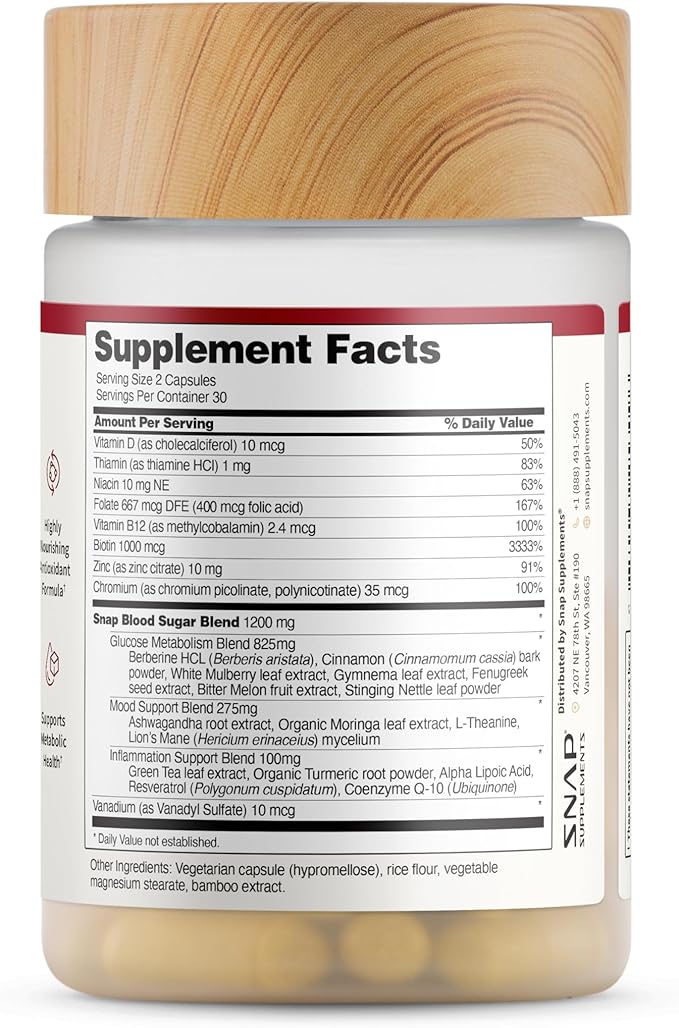 Snap Supplements Blood Sugar Blend with Berberine CoQ10 Cinnamon and Gymnema to Support Already Healthy Blood Sugar Metabolic Health and Energy Sugar Free 60 Capsules 2-Pack (Packaging May Vary)