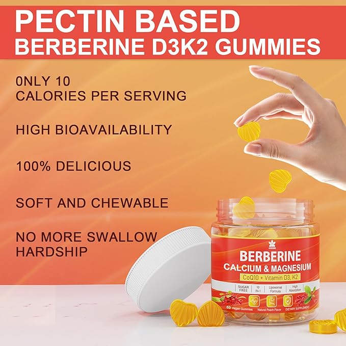 Berberine Supplement Gummies Sugar Free Extra Absorption with Liposomal Berberine &amp Berberine HCI Calcium Magnesium AMPK Activitor for Sugar &amp Level Immune Energy Metabolism -Pack of 2