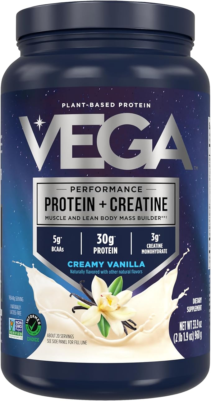Vega Protein + Creatine - 30g Plant-Based Protein Vanilla 20 Servings 3g Creatine 5g BCAAs Vegan Keto Gluten Free Dairy Free Low Carb for Muscle Growth &amp Repair Drink Mix 33.9oz