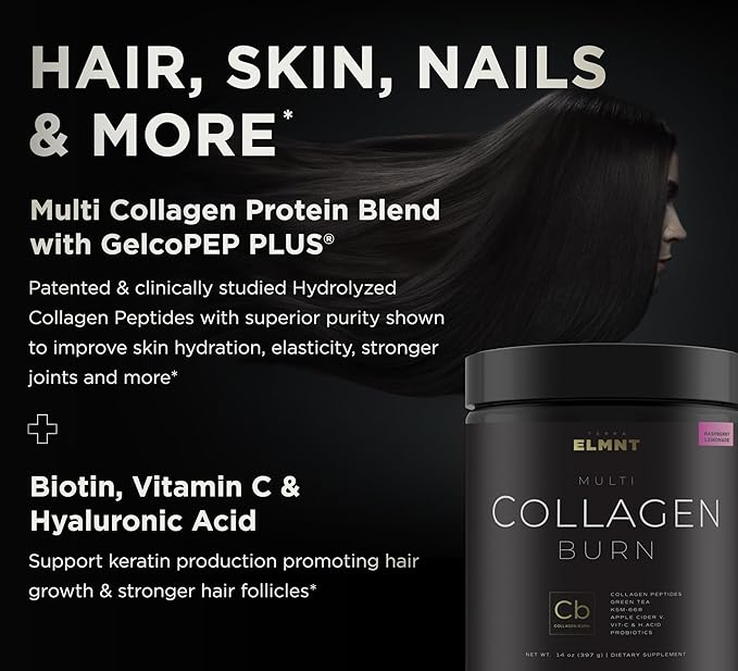 ELMNT Super Collagen Burn for Women w. Probiotics Hyaluronic Acid Apple C Vinegar KSM66 Biotin+ Premium Colageno Multi Collagen Protein Powder for Weight Loss Fat Burner Hair Skin+ (R-Lemonade)
