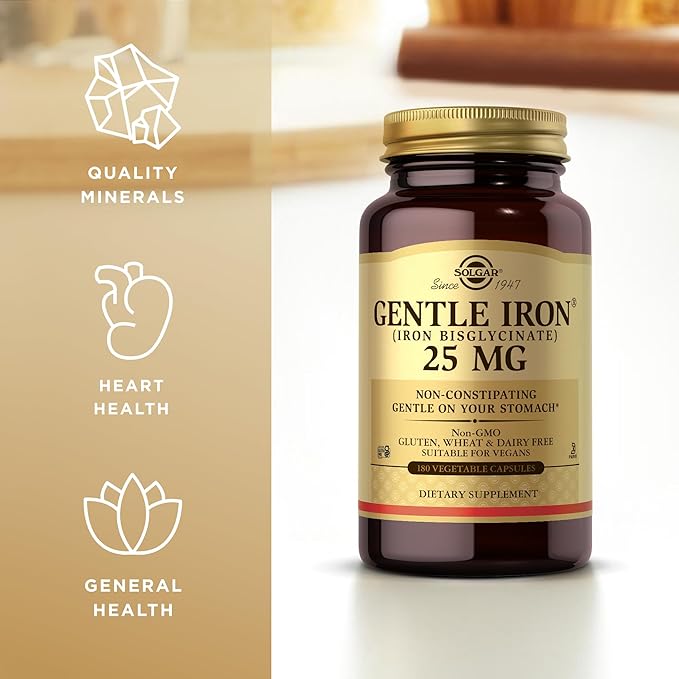 Solgar - Gentle Iron 25 mg Vegetable Capsules 180 Count 2 Pack Easy on Stomach Promote Red Blood Cell Production.