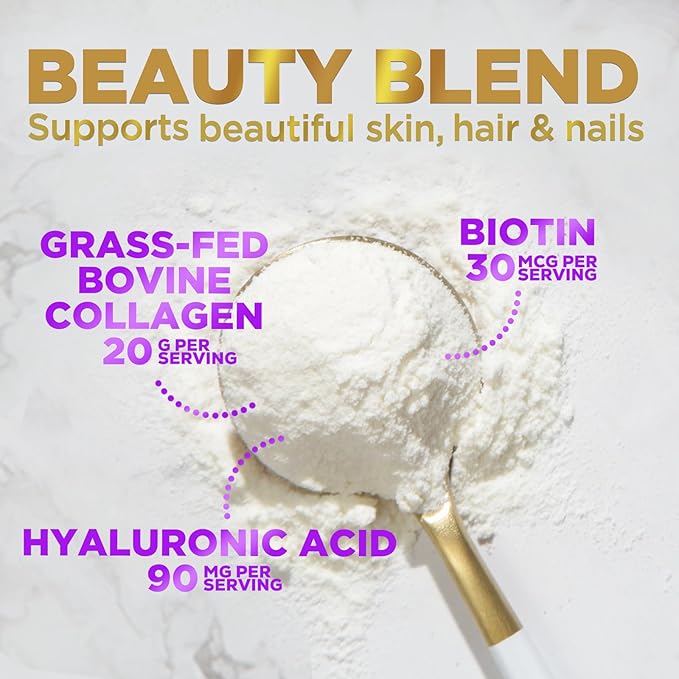 Collagen Peptides Powder 20G Per Serving - Grass Fed Hydrolyzed Collagen Powder Type I &amp III with Hyaluronic Acid &amp Biotin For Women Unflavored - Hair Skin Nails &amp Joint Support - 28 Se
