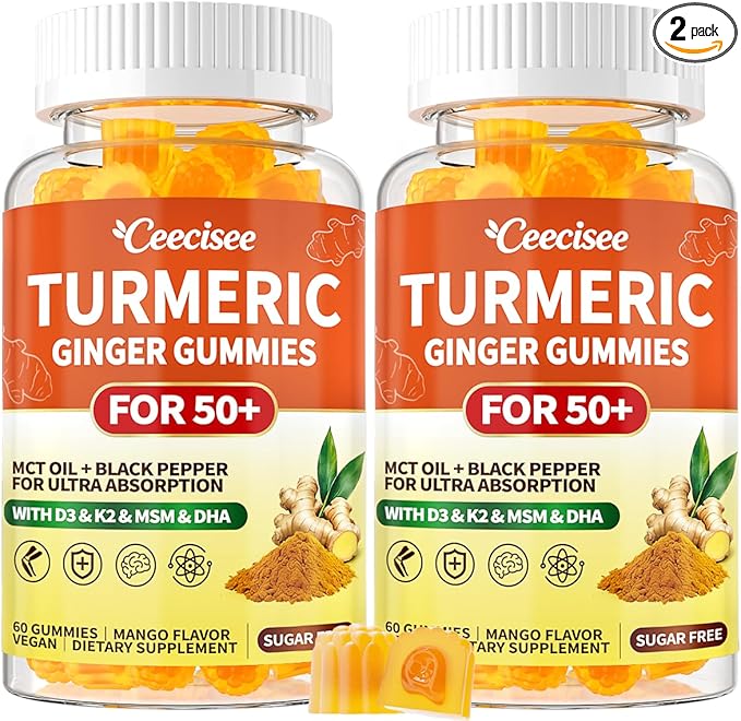 Organic Turmeric Supplement for Adults 50+: Sugar Free Turmeric Curcumin with Black Pepper Ginger Gummies Plus Vitamin D3 K2 MCT Oil MSM - Chewable Vegan Gummy for Overall Health(120Count)