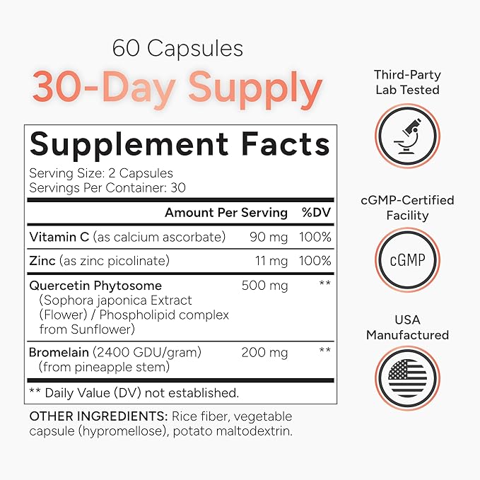 High Absorption Quercetin with Bromelain Vitamin C and Zinc - 500mg Quercetin Phytosome - 50x More Absorption - Supports Immune Function &amp Cellular Health - USA Manufactured Supplement - 60 Capsu