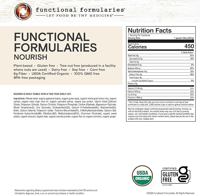 FUNCTIONAL FORMULARIES Nourish Organic Pediatric Tube Feed Formula 14g Protein 8g Fiber Meal Replacement 12 Oz (24 Pack)
