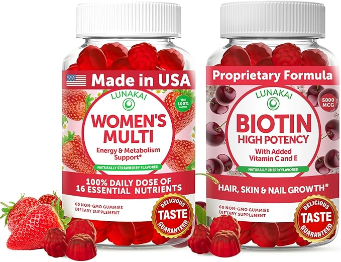 Lunakai USA Made Womens Multivitamin &amp Biotin Gummies Bundle – Energy &amp Hair Skin Nail Support – Naturally Flavored – 60 Non-GMO Gummies Each