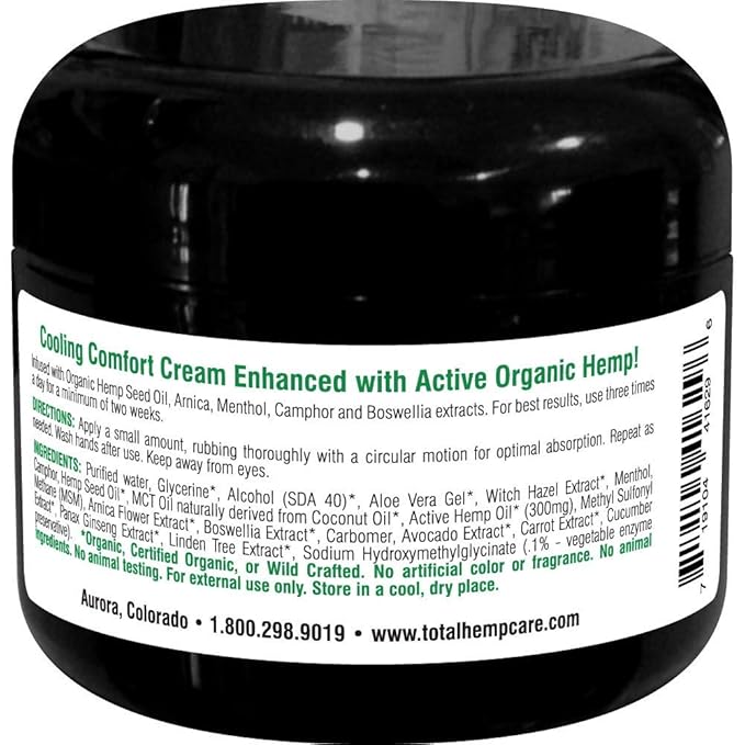 Organic Hemp Cream All Purpose Cooling Comfort with Activated Hemp MSM Arnica Turmeric Boswellia Menthol and Aloe Vera | 300mg (2oz)