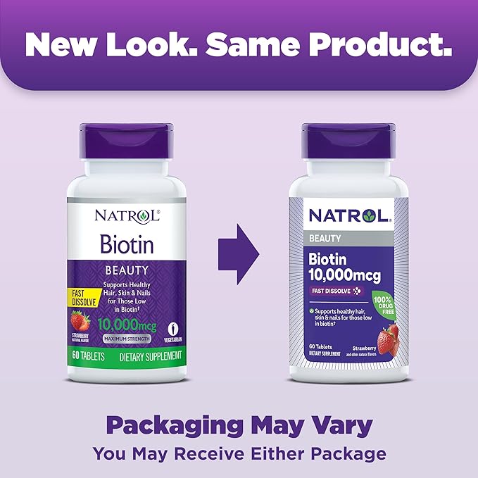 Natrol Beauty Biotin 10000mcg Dietary Supplement for Healthy Hair Skin Nails and Energy Metabolism 60 Strawberry-Flavored Fast Dissolve Tablets 60 Day Supply (Pack of 12)