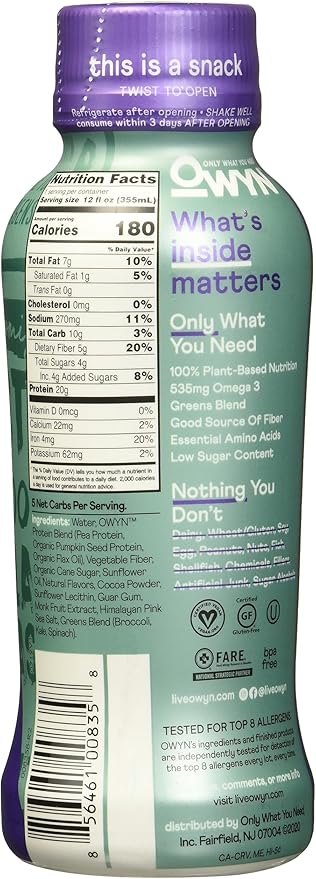 Owyn Plant-Based Cookies N' Cream Ready to Drink Protein 20g Protein Gluten Free &amp Non-GMO 12 Fl Oz (Pack of 12)
