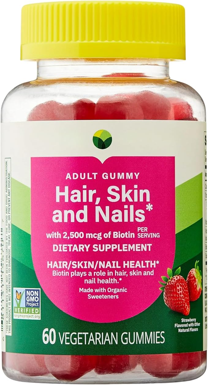 KP+ Hair Skin &amp Nails Biotin 2500 mcg | Adult Gummy Vitamins | Supports Healthy Hair Glowing Skin &amp Strong Nails | Strawberry Flavor | 60 Vegetarian Gummies | Non-GMO* | Pack of 2