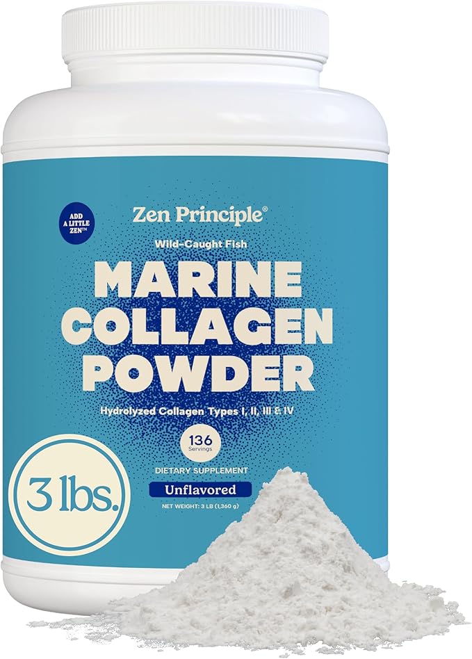 Zen Principle Marine Collagen Peptides Powder 3 lb. Wild-Caught Fish Non-GMO. Supports Healthy Skin Hair Joints and Bones.Hydrolyzed Types I II III and IV Protein. Amino Acids. Easy to Mix.