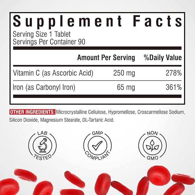 Iron Supplement for Women &amp Men with Vitamins C B6 B12 &amp Folate &amp Iron Supplement 65mg with Vitamin C Stomach Friendly Carbonyl Iron90Caps&amp90Tabs