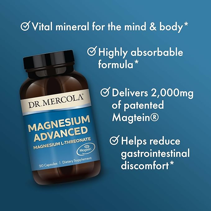 Dr. Mercola Magnesium Advanced - 2000 mg Magtein Magnesium L-Threonate - Supports Brain &amp Cellular Function - Superior Absorption - Non-GMO Gluten-Free &amp Soy-Free - 90 Capsules (2 Pack 60 S