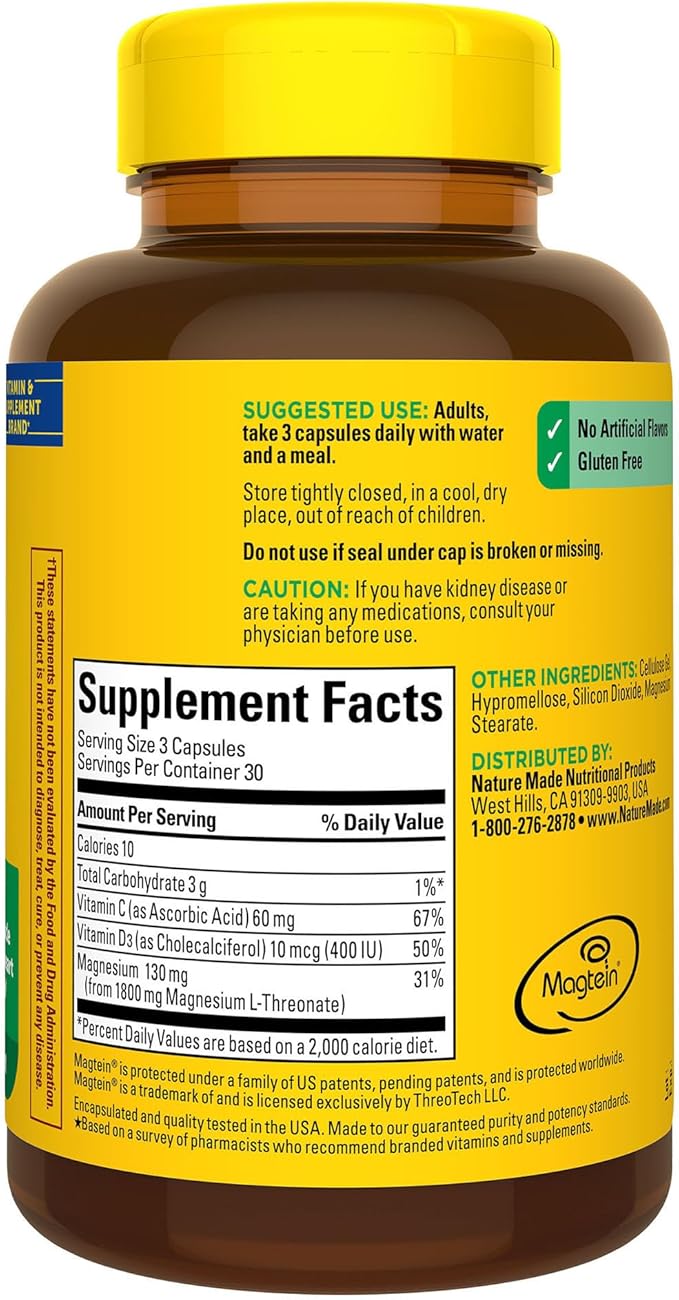 Nature Made Magnesium L-Threonate with Vitamin C &amp Vitamin D3 Provides 130 mg of Mag from 1800 mg Magnesium L Threonate Cognitive Support Magnesium-Supplement 90 Capsules 30 Day Supply(Pack o