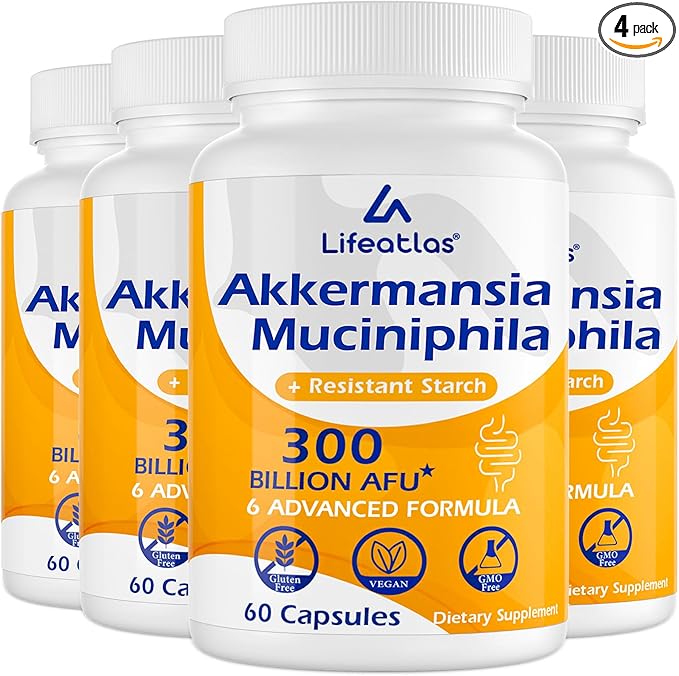 Lifeatlas Akkermansia Supplement Probiotic | Akkermansia with 300 Billion AFU Akkermansia Probiotic 6-in-1 Akkermansia Probiotics for Women and Men Daily Akkermansia Supplement 240 Caps