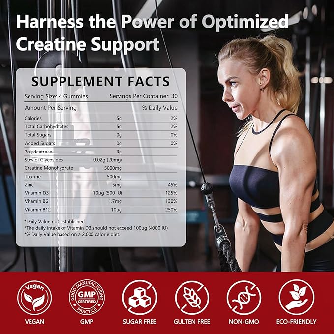 Creatine Gummies for Women 5000mg Pre-Workout Muscle Strength &amp Energy Support 0 Sugar Creatine Gummy with L-Taurine Zinc B12 B6 Strawberry Flavor Vegan - 120 Gummies