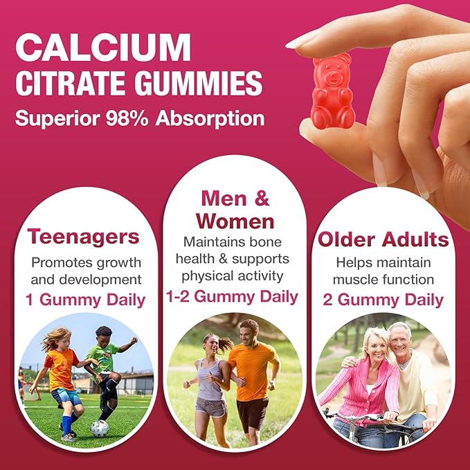 Calcium Citrate Gummies 1200mg - Sugar-Free Chewable Supplement for Women &amp Men with Bone Muscle &amp Immune Support - Raspberry Flavor 120 Count