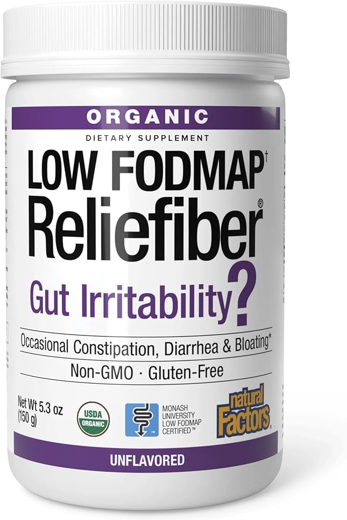 Natural Factors Organic Low FODMAP Reliefiber Powder - Digestive Health Support Supplement with Dietary &amp Soluble Fiber - Gut Health Support Aids Mild Bloating - Unflavored 5.3 oz (30 Servings)