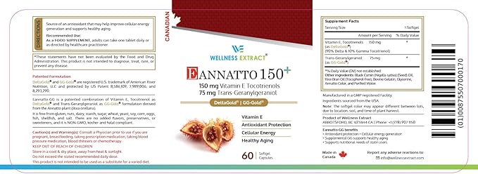 WELLNESS EXTRACT Annatto Tocotrienols 150mg with GG Vitamin E Supplement Tocopherol-Free Non-GMO Gluten Free Antioxidant Support for Heart &amp Cellular Health 60 Softgels