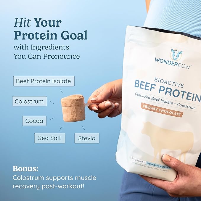 WONDERCOW Beef Protein Isolate Powder w/Bovine Colostrum Supplement | Clean 100% Grass Fed Carnivore Keto Friendly | Gluten Free | 20g of Protein 30 Servings Chocolate
