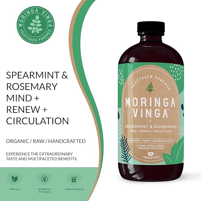 Organic Spearmint &amp Rosemary Moringa Infusion – Daily Herbal Tonic with Apple Cider Vinegar Honey | Supports Mental Clarity &amp Circulation | Non-GMO 16 oz
