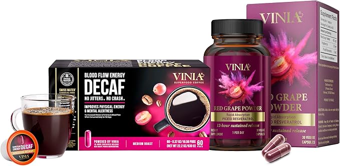 VINIA Blood Flow Energy Bundle | Piceid Resveratrol Capsules 30 Count + Decaf Coffee K-Cup Pods 60 Count | Nitric Oxide &amp Heart Health Support | Caffeine-Free Energy | Non-GMO