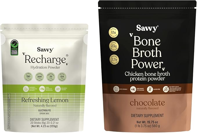 SAVVY Bone Broth Power Chocolate Protein Powder 23g Protein 12g Collagen &amp Recharge Electrolyte Powder Sugar Free Conscious Hydration Drink with Sodium Magnesium Potassium Glycine Lemon Fla