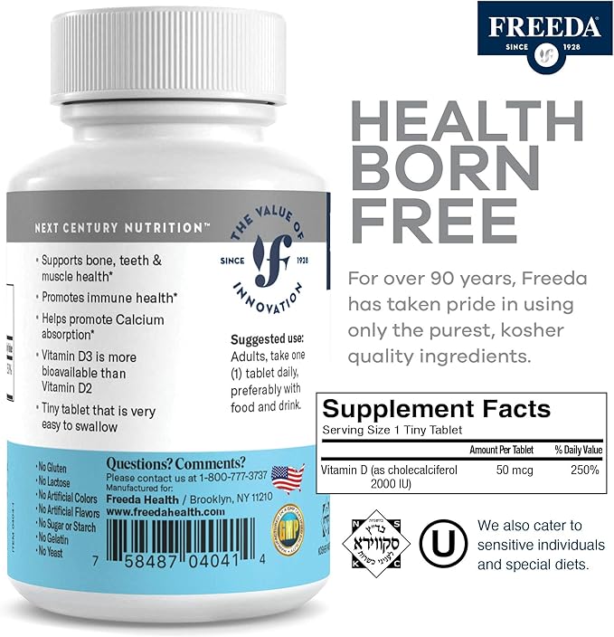 FREEDA Vitamin D3-2000 IU – High-Potency Vitamin D for Bone Strength &amp Immune Support – Easy-to-Swallow Tablets – 250 Tiny Tablets