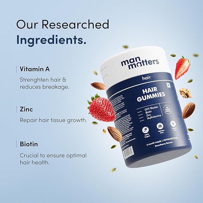 Man Matters Biotin Hair Gummies | Yummy Chewable Strawberry Flavored for Healthy Hair | Pack of 2 (60 Gummies Each)