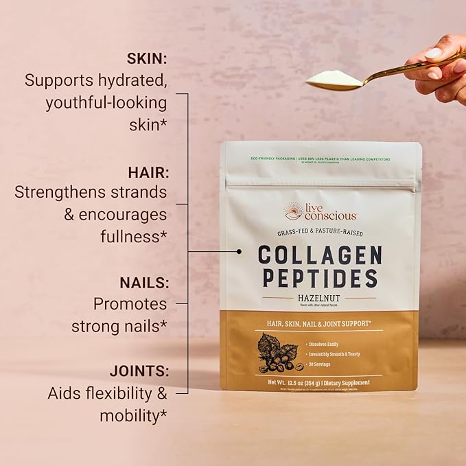 Live Conscious Collagen Peptides Powder - Hazelnut Flavored Collagen Powder - Hair Skin Nail &amp Joint Support - Type I &amp III Grass-Fed Collagen Supplements for Women and Men - 30 Serving - 1