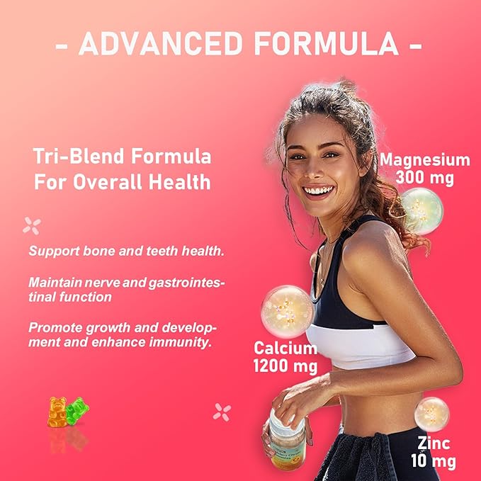 Calcium Citrate Gummies Calcium 1200mg with Vitamin D3 B6 B12 Magnesium Zinc Calcium Supplements for Women and Men Support Bone &amp Muscle Health 120 Chews Strawberry Flavor