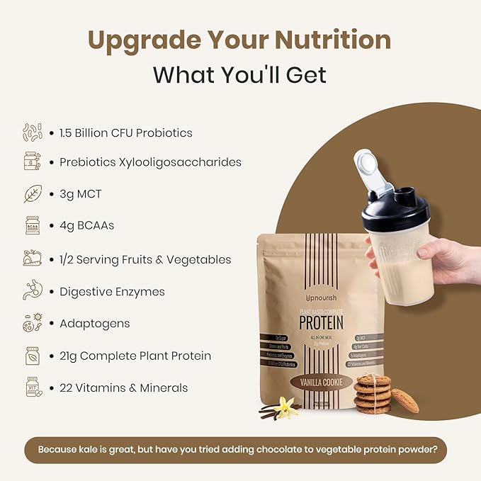 UpNourish Vanilla Cookie Vegan Protein Powder 54 Superfoods Powder1.5 Billion CFU Probiotics 21g Plant Based ProteinNo Sugar No Dairy No GMO Dairy FreeMeal Replacement Shake Keto-Friendly Low-Carb
